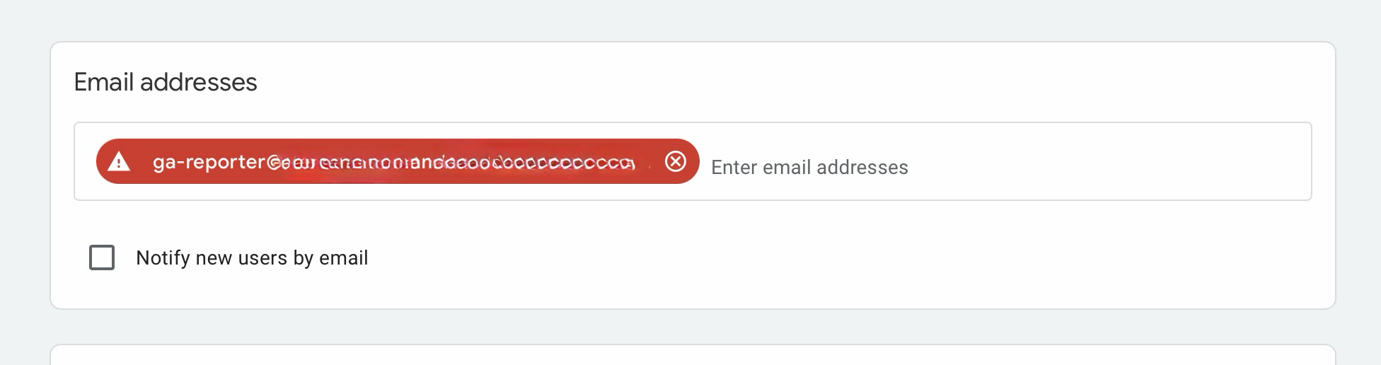 Google Analytics 4 *Add user* dialog rejecting a service-account email, with the address redacted as a solid pill-coloured bar. The red warning triangle and X icon are preserved, and the *Add* button is greyed out.